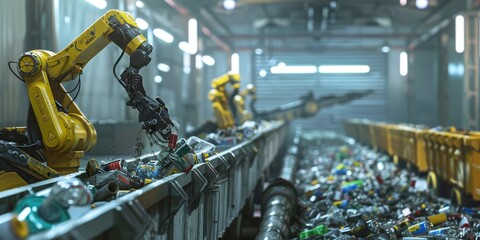 A futuristic recycling facility with robots sorting through waste generated by AI