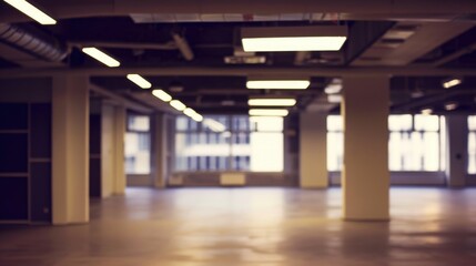 An empty office space with a blurred background, featuring bright fluorescent ceiling lights and large windows. The open floor plan and modern fixtures create a spacious