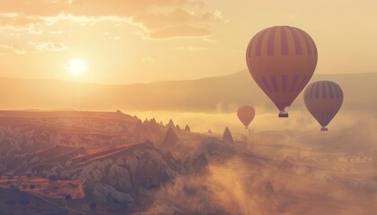 Fototapeta premium Majestic Mornings in Cappadocia: Hot Air Balloons Soaring Over Mountain Valleys at Sunrise - A Magic