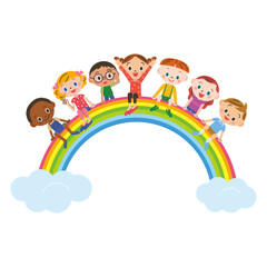 大きな虹に座って笑顔の子供達
