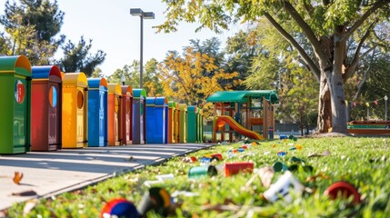 A serene park with colorful recycling stations generated by AI