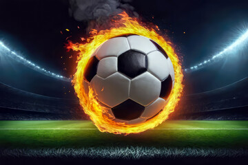 Naklejka premium soccer ball flaming in the stadium, banner or poster background sport football competitions 