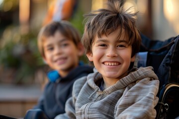Obraz premium Portrait of two young Caucasian disabled children sitting in their wheelchairs, smiling happily looking at the camera, in an outdoor park. Child disability concept