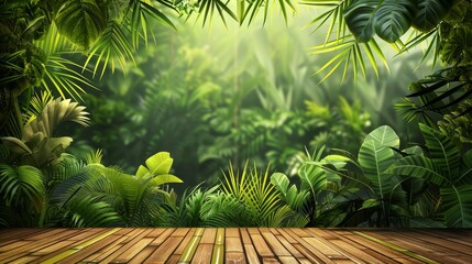  tropical summer promotion background with lush green foliage walls and bamboo flooring.