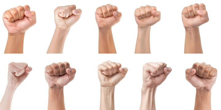 A collection of raised fists in various skin tones, symbolizing unity and strength. Each fist is isolated against a white background, highlighting the gesture of solidarity and empowerment.