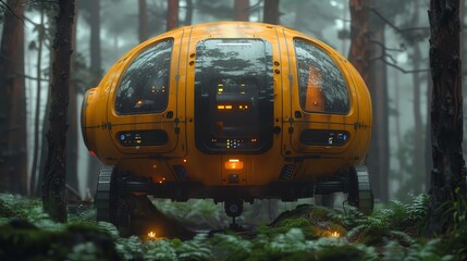 Yellow off-road vehicle with a drone and a tent in the woods.