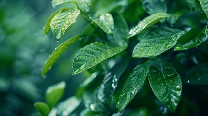 Fresh green leaves with dew drops in the rain, capturing the essence of nature's growth and vitality
