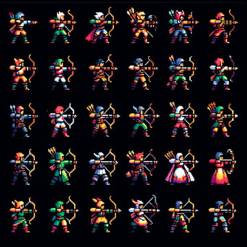 RPG archers pixel art icons spritesheet with unique designs