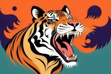 a cartoon fierce, angry, bengal tiger, mascot, t-shirt design,   illustration, wild, animal, stripes, roar, claws, teeth, predator, jungle, nature, aggressive, strong, powerful, orange, black