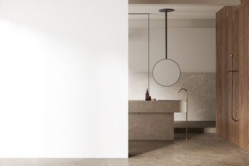 Modern bathroom with marble fixtures, light brown wood paneling, and an empty white wall on the left, light background, mockup concept.  3D Rendering