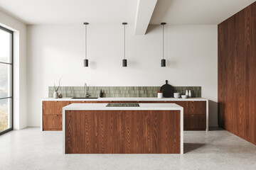Modern kitchen with white countertops, wooden cabinets, large windows, light background,...