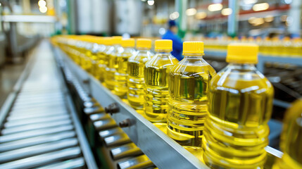 Factory for the production of Sunflower oil in the bottle moving on production line