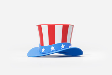 Patriotic hat with red and white stripes, white stars on a blue band, on white background. Symbol of American Independence Day.  3D Rendering