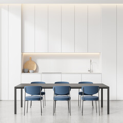 White home kitchen interior with eating table and chairs, cooking cabinet