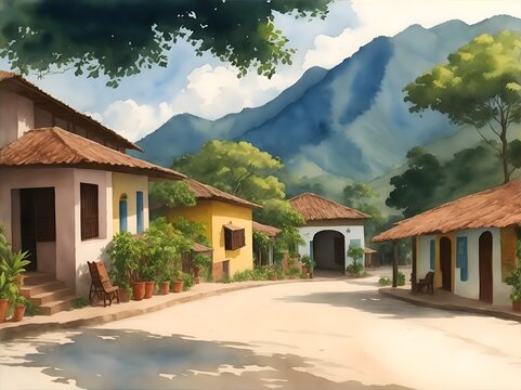 Eje Cafetero Colombia Country Landscape Watercolor Illustration Art