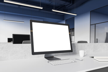 Fototapeta premium Office business interior with mockup pc computer screen on work table