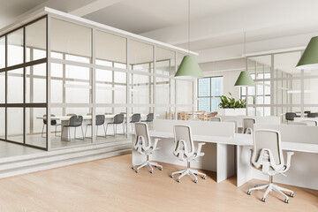 Modern office interior with white desks and chairs, green hanging lamps, and large glass-enclosed meeting rooms. Light wood flooring, contemporary workspace. 3D Rendering