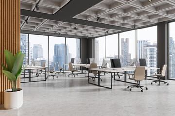 Modern open office space with cityscape view, minimalist interior design featuring a large plant....