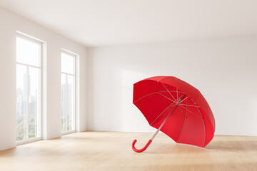 Fototapeta premium Large red umbrella standing open in a minimalistic bright room with wooden flooring and large windows with cityscape view, concept of protection. 3D Rendering