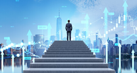 Businessman on concrete stairs, New York skyscrapers and forex trading hologram