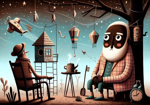 Hombre solitario, hombre pensador, minimalismo, surrealismo, arte, arte conceptual, saludo, tarjeta, ilustracion, ilustraci&oacute;n para naipe