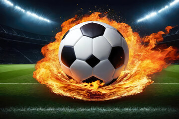 Fototapeta premium soccer ball flaming in the stadium, banner or poster background sport football competitions 