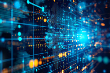 An abstract digital world map with blue and orange lines and lights, representing global connectivity