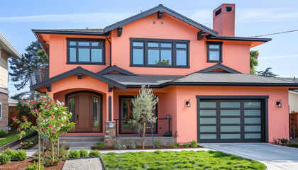 Fototapeta premium Sophisticated Craftsman Style New Construction Peach House with Modern Architectural Design in a Vibrant Urban Area