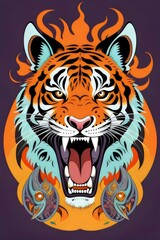 a cartoon fierce, angry, bengal tiger, mascot, t-shirt design,   illustration, wild, animal, stripes, roar, claws, teeth, predator, jungle, nature, aggressive, strong, powerful, orange, black