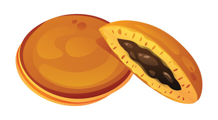 Dorayaki pancakes filled with sweet red bean paste. Japanese red bean pancake. Vector cartoon illustration