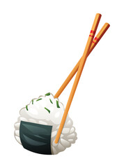 Onigiri rice ball with by chopsticks. Japanese food vector illustration