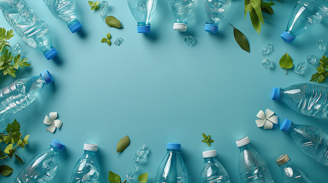 Brander, leave space for letters in the middle, pictures of plastic bottles and plastic waste.
