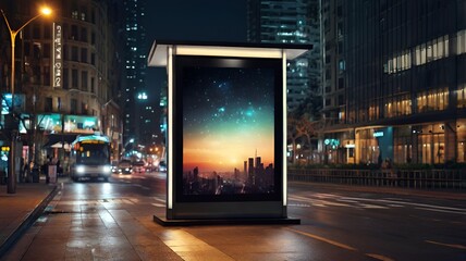 Granater AI  1. A billboard illuminated on the side of a city street at night, showcasing vibrant colors and captivating graphics.