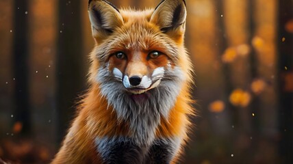 Obraz premium Granater AI A fox sitting in the woods, surrounded by falling leaves.