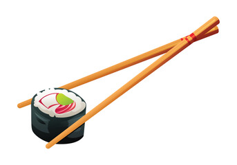 A piece of sushi roll held with chopsticks. Japanese food vector illustration