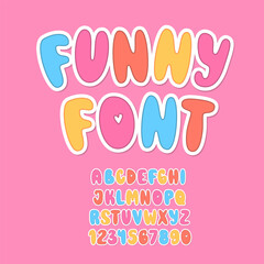 Funny Sticky Font. Cute Sticker Alphabet. Bright Colorful Letters and Numbers.