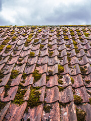 Red clay tiles with green moss with sky