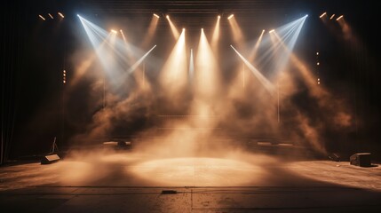 Empty concert stage with illuminated cool spotlights and smoke. Stage background with copy space