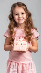 nice little girl is holding a pink box with a bow on it
