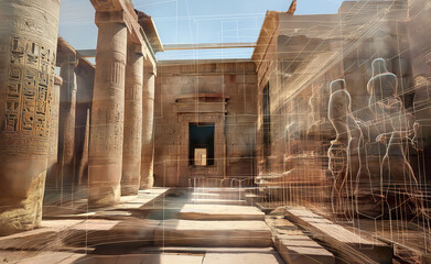 Augmented reality (AR) technology used to preserve and explore ancient cultural heritage sites. The AR interface overlays detailed historical information and virtual reconstructions
