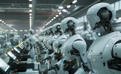 Fototapeta premium Futuristic manufacturing plant where AI-powered robots, equipped with advanced computer vision systems, inspect and assemble products with incredible precision.