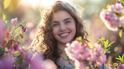 Fototapeta premium A happy woman in the spring outdoors. A smiling young woman in a spring garden enjoys the blossoming flowers of the trees.
