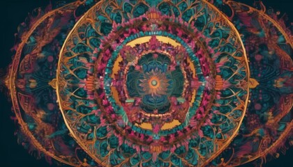 Detailed digital mandala art featuring an intricate pattern with layers of rich colors and floral motifs against a dark background.. AI Generation