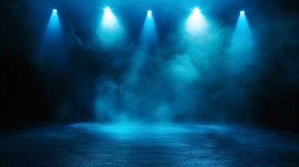 Empty stage with four blue spotlights and smoke, creating a dramatic and atmospheric ambiance.