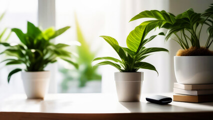Green indoor plants in white pots sit on a desktop near the window, bathed in sunlight, creating a comforting and serene atmosphere. Copy space.