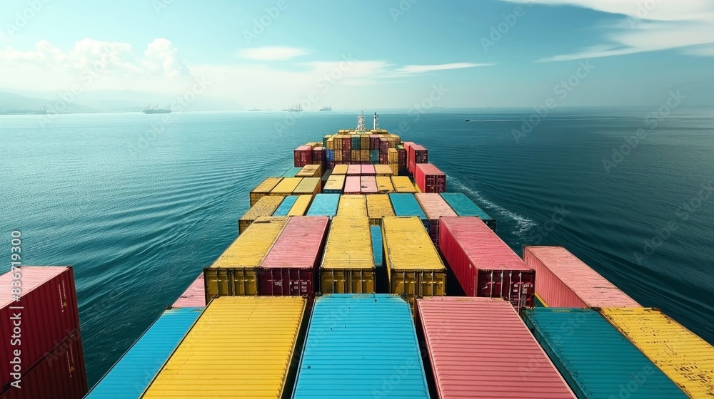 Sticker colorful shipping containers loaded on a cargo ship sailing on a calm sea, with other vessels visibl