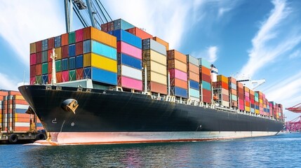 Large cargo ship loaded with colorful shipping containers docked at a port on a clear day.