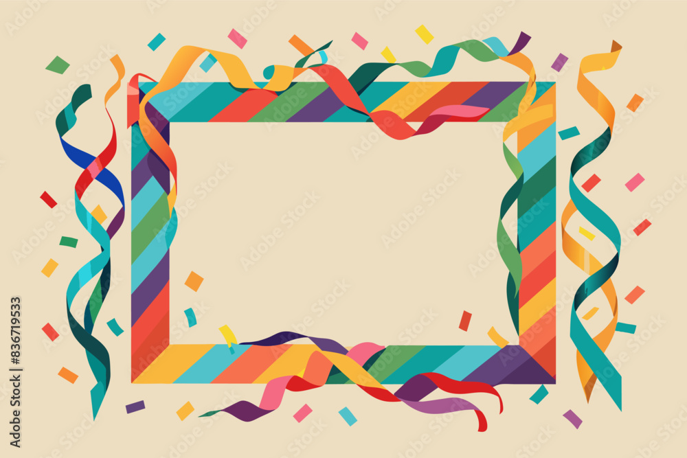 Poster a colorful frame with streamers and confetti, Minimal birthday frame made of colorful streamers arranged in a geometric pattern
