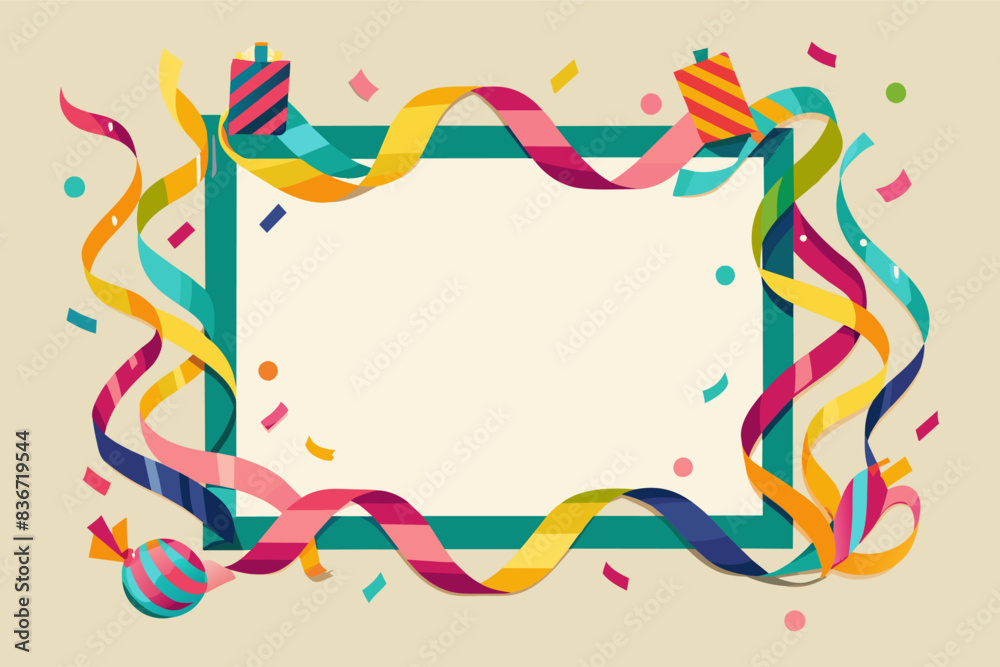 Poster a colorful frame with streamers and confetti, Minimal birthday frame made of colorful streamers arranged in a geometric pattern