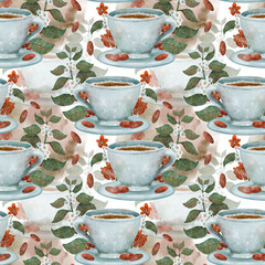 Pattern with coffee cups, leaves, and flowers, perfect for creating a calming design